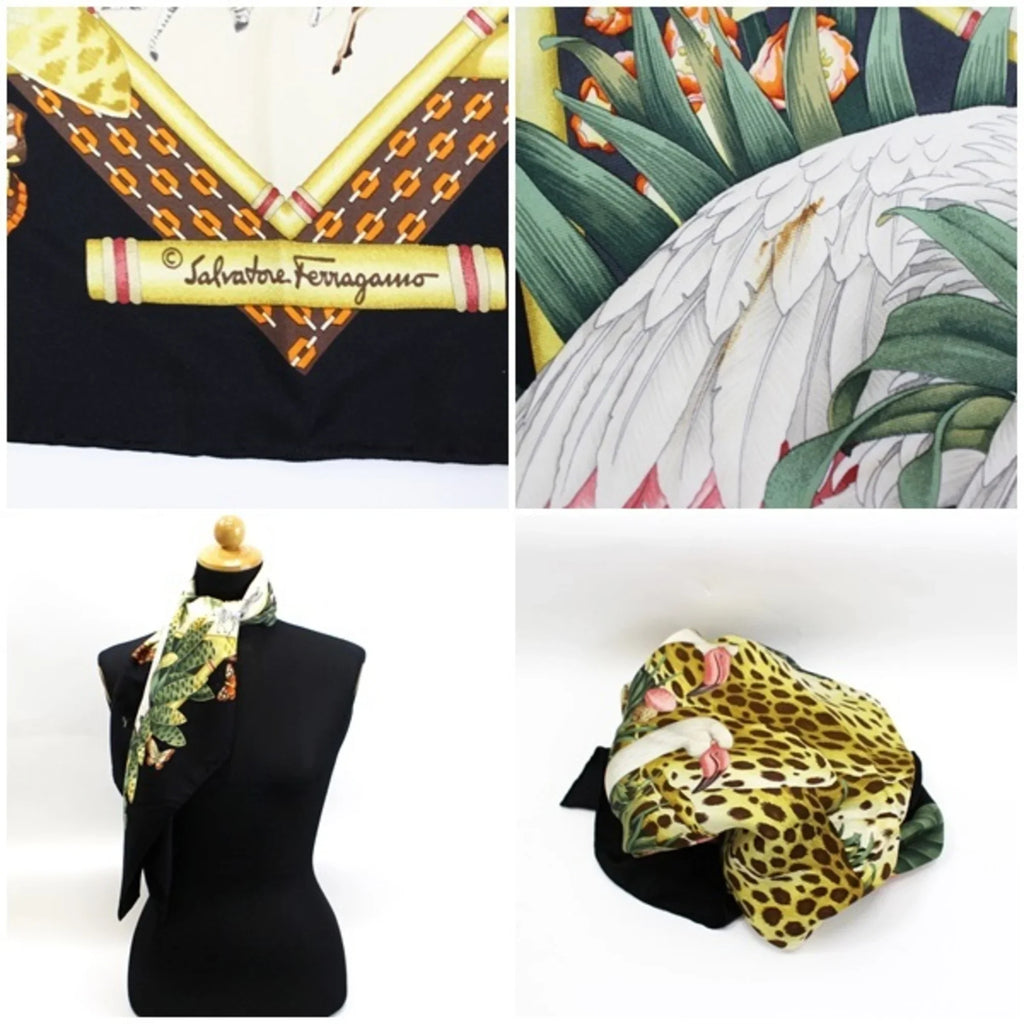 Leopard (Good) Animal Pre-Owned Print Black Panda Women's Salvatore Muffler Scarf Ferragamo