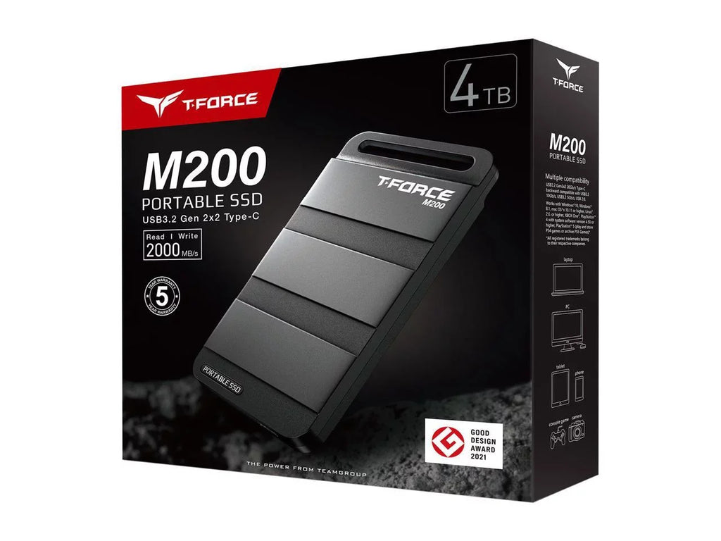 4TB PS5 T-FORCE M200 USB3.2 Compatible SSD Chrome & Read/Write 2x2 Portable 2000MB/s Xbox with Group Type-C, (T8FED9500G0C102) Gen OS & Team