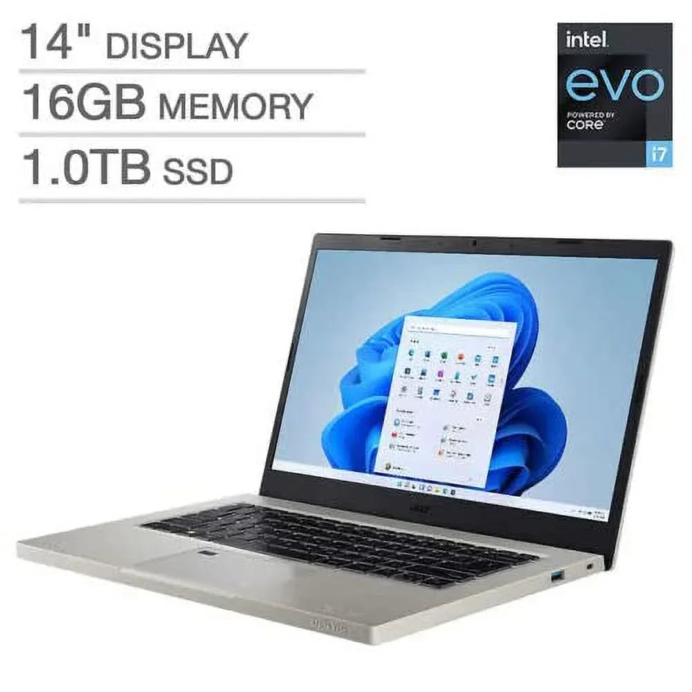 i7-1255U Windows 1TB Home, 1.70GHz, EVO RAM Intel Gray Laptop, 11 Print LED-Backlit acer Reader, Vero FHD 1080p Bluetooth, 14" Finger + SSD, Accessories Backlit Aspire Core Webcam, 16GB Keyboard,