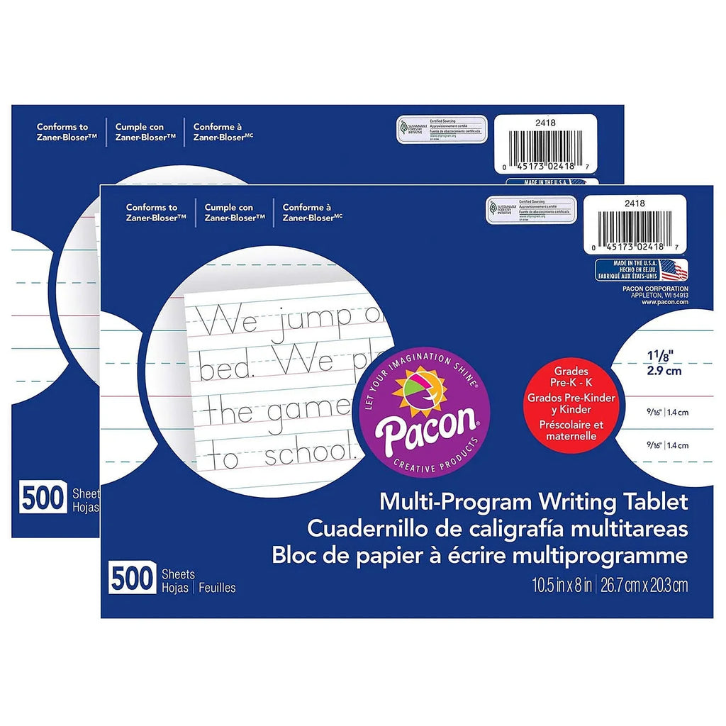 500 8" Multi-Program 1-1/8" 2 Per Pacon Pack Handwriting 10.5" x White Sheets Ruled Paper Packs