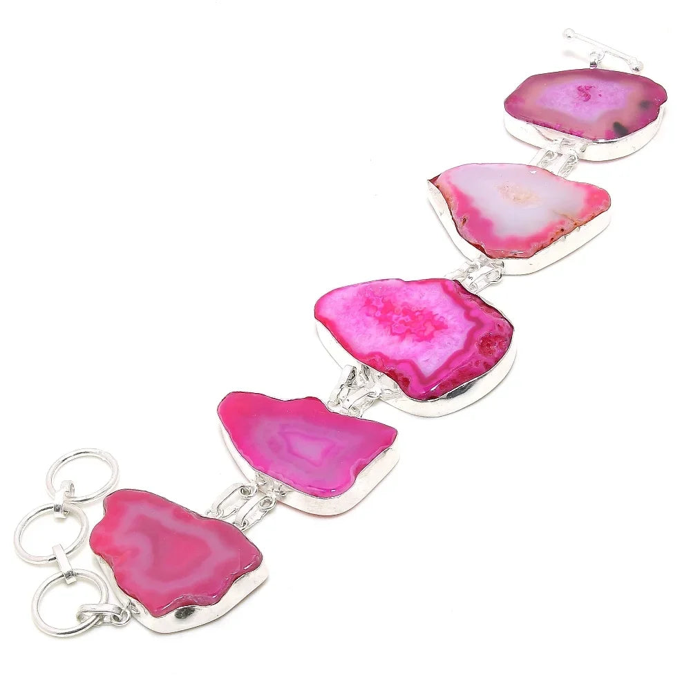 SR Jewelry Handmade Gemstone 212 Botswana 7-8" Agate Ethnic Bracelet Gifted Pink
