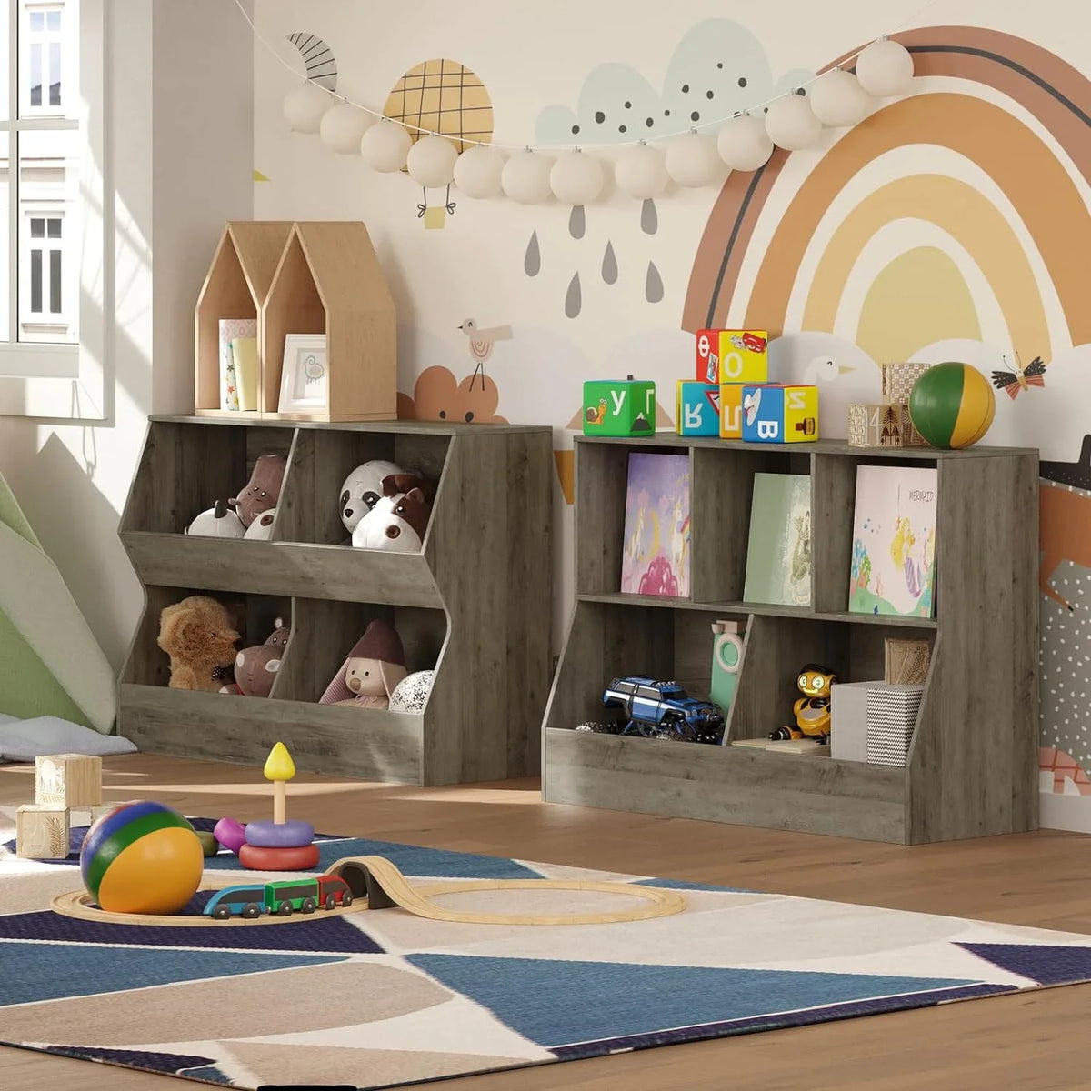 Organizer, Toy for Storage Long, Bedroom, Gray Wooden Book Toy Cubby Toy Toddler Bookcase, 39.4" Kids Nursery, Wash 4 , JIAH Hallway, Children School, Shelf Cabinet, Storage