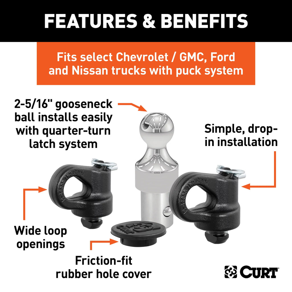 Chain GM GM hole & pickup Ball for | Fits Mfg Kit Safety case CURT Gooseneck OEM-Compatible Includes tow Anchor rubber factory storage packages - with and cover 60692 trucks