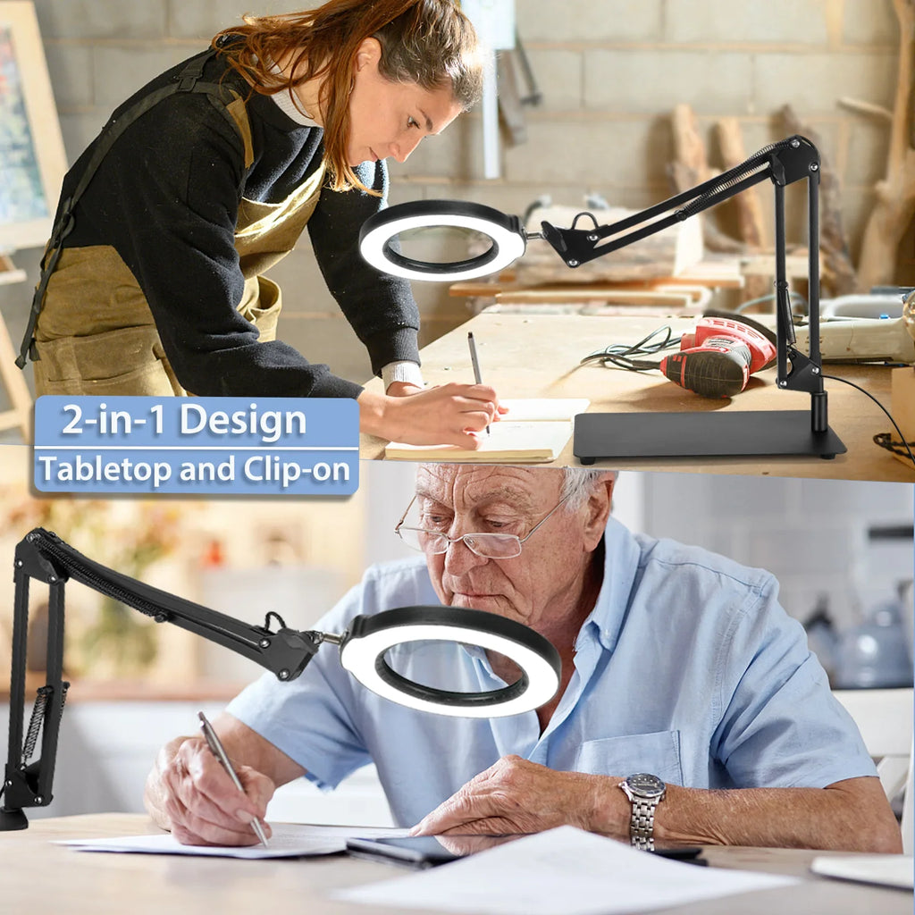 Magnifier 2-in-1 Light Lighted with Sewing Glass with Color Hands and Free LED Dimmable, 5 Magnifying Modes Clamp, Lamp Close 10X Desk Work, Painting, Magnifying Stand, Craft, for Stepless