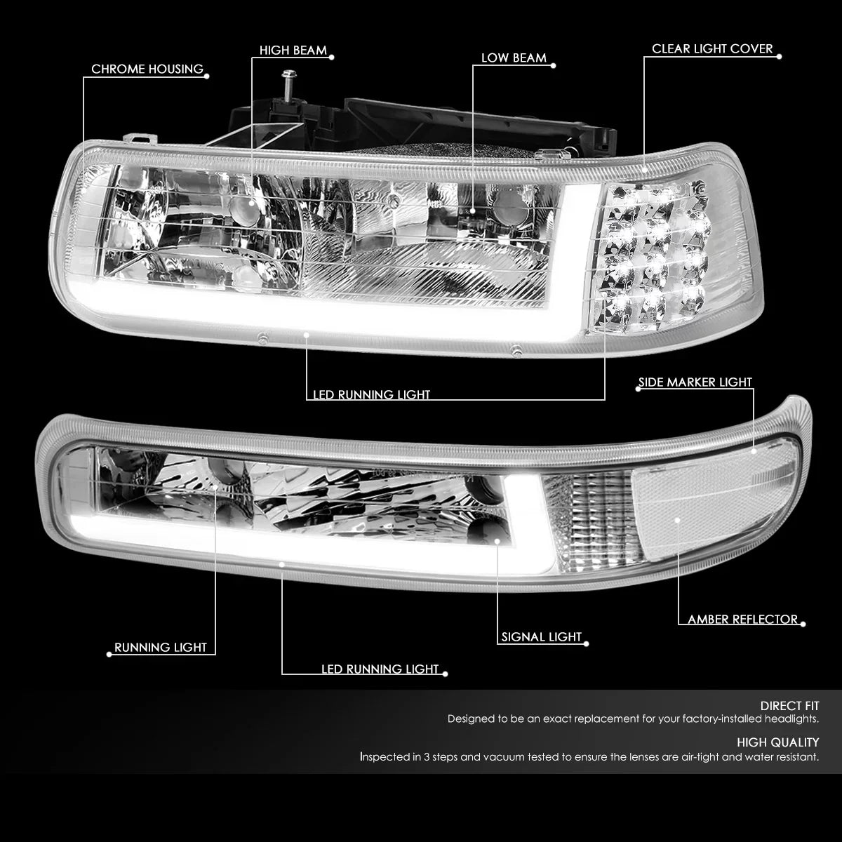 DRL 1999 to HL-LB-CSIL99-CH-CL1 2000 Motoring 2500 Truck LED Suburban Bumper to 03 04 Lamps Chrome/Clear DNA 1500 2002 05 01 Signal Fits Chevy Tahoe Silverado Headlight 2006