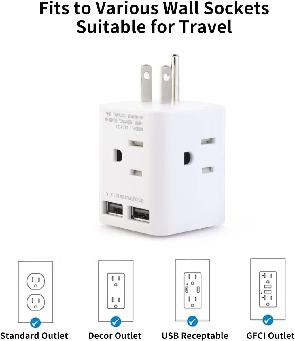 USA Splitter Adapter Angle Adapter Plug USB Cube and 2 Travel,White Prong for with Home Extender 3 Multi AC Wonplug Wide Outlet Ship Sockets, Plug Right Office Spaced Cruise 4 Wall Charger