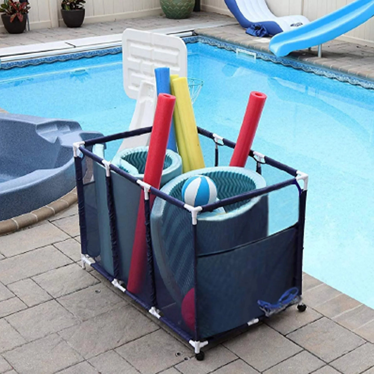 design x x Floats Storage Mesh Yours Floats, Toys, Height, Essentially Balls 25" Organizer H), Holder, Rolling Noodles Bin, Blue 28" Pool 563009 W Large, and L Kids Equipment (43"