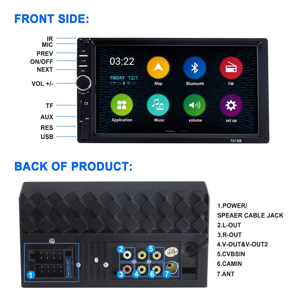 MP5 Touch Camera Car Inch with Player, HD 2 Double Reversing Video Player Car Screen Bluetooth Backup Radio Stereo Din 7 1080P