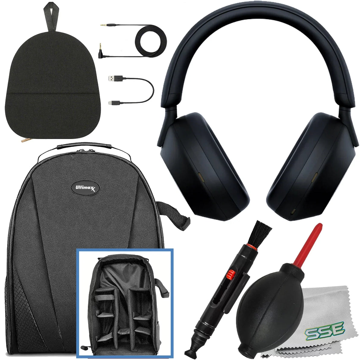 '- More & WH-1000XM5 (7pc Wireless Includes: (Black) liquid-Resistant Essential Bundle) Ultimaxx Gadget Headphones Noise-Canceling Bundle Over-Ear Backpack