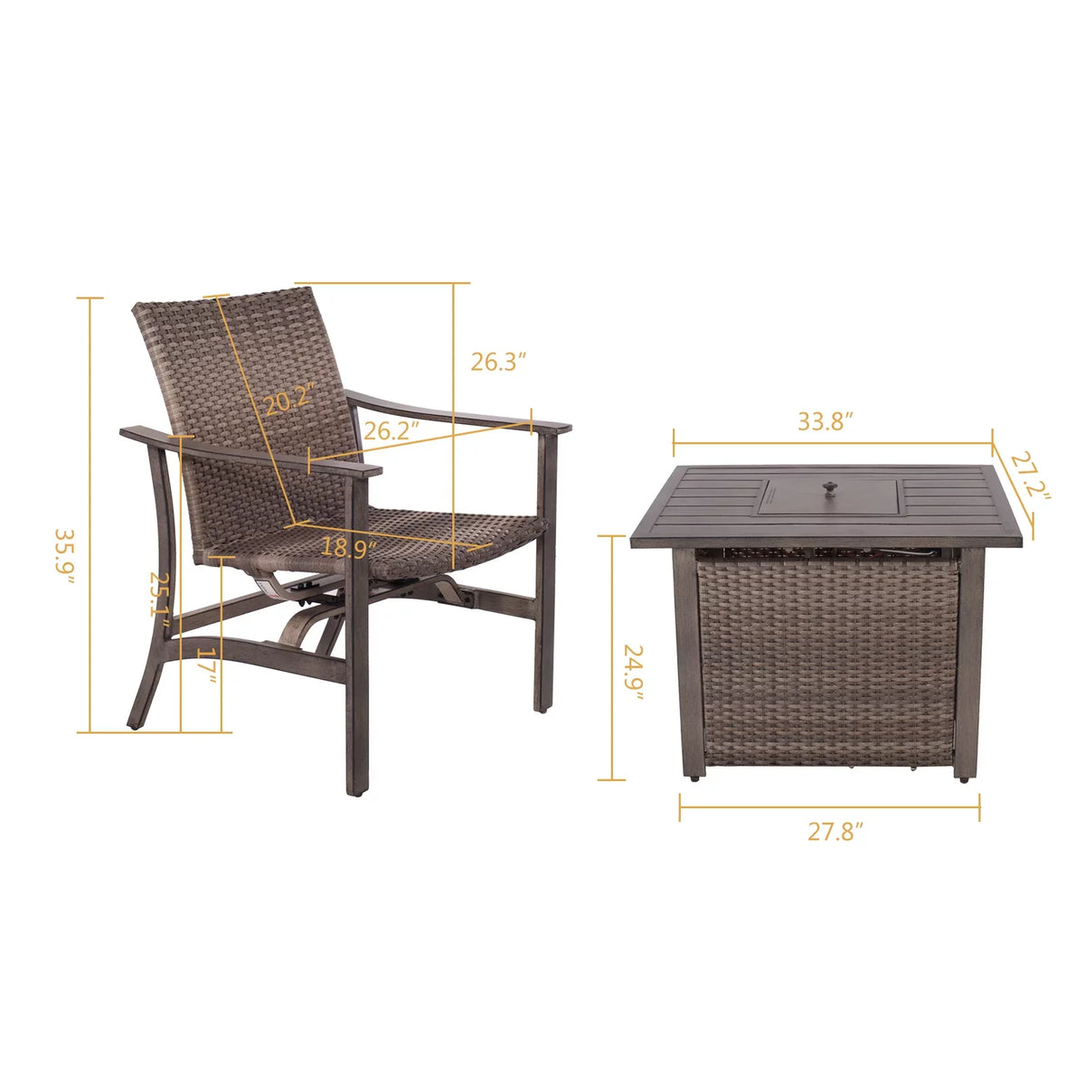 exterior Fire Chairs Propane 5 Set for Set Table, Garden Wicker Conversation Firepit 4 BTU Patio Pit 15000 Motion Gas Piece Deck Yard 33.8"x27.2" Rocking with Furniture All-climate Table, &