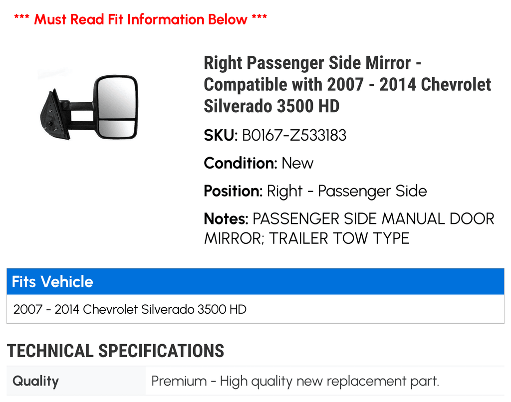 2007 Passenger HD 2012 2014 2009 2010 3500 Right Side - with Silverado Chevy 2011 2008 2013 Mirror Compatible -
