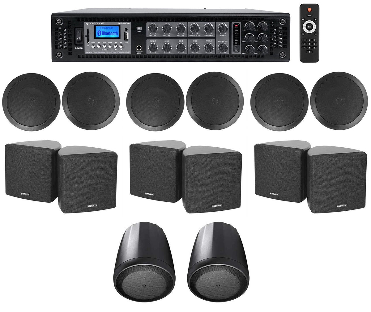 JBL Pendant+Ceiling Home Speakers Cube+(2) 3.5" Receiver+(6) Black Audio 6-Zone