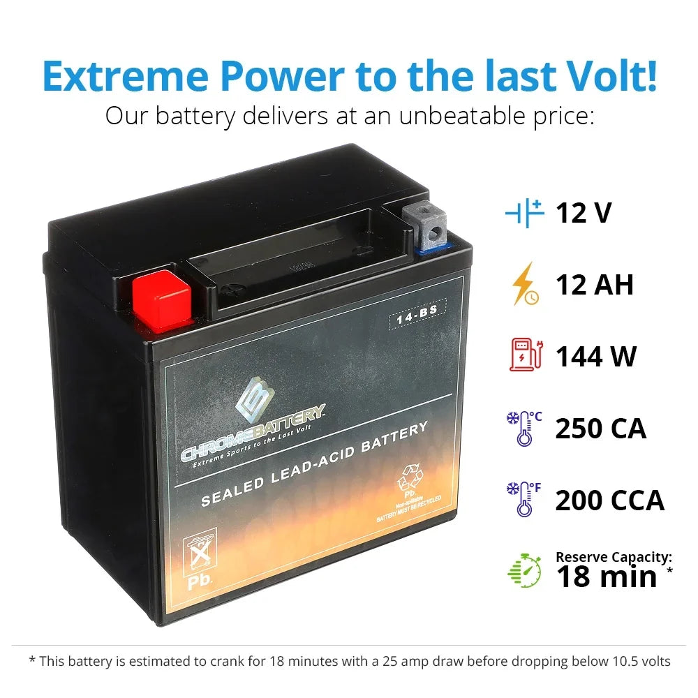 Battery Battery (14-BS Vt1100c, Shadow Ah, T for 2003 Chrome 1100cc YTX14-BS 200 (spirit, Honda 12 A. E. Tourer) Motorcycle CCA) C3, Aero, Volt,12 C.