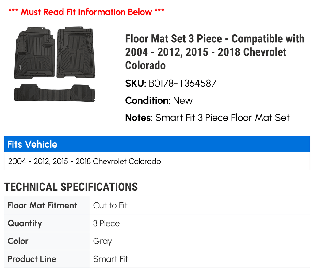 2017 2005 2006 2016 Floor 3 2008 - 2015 2012, - Compatible with Piece 2018 2011 Chevy 2009 2004 - 2010 Colorado 2007 Set Mat