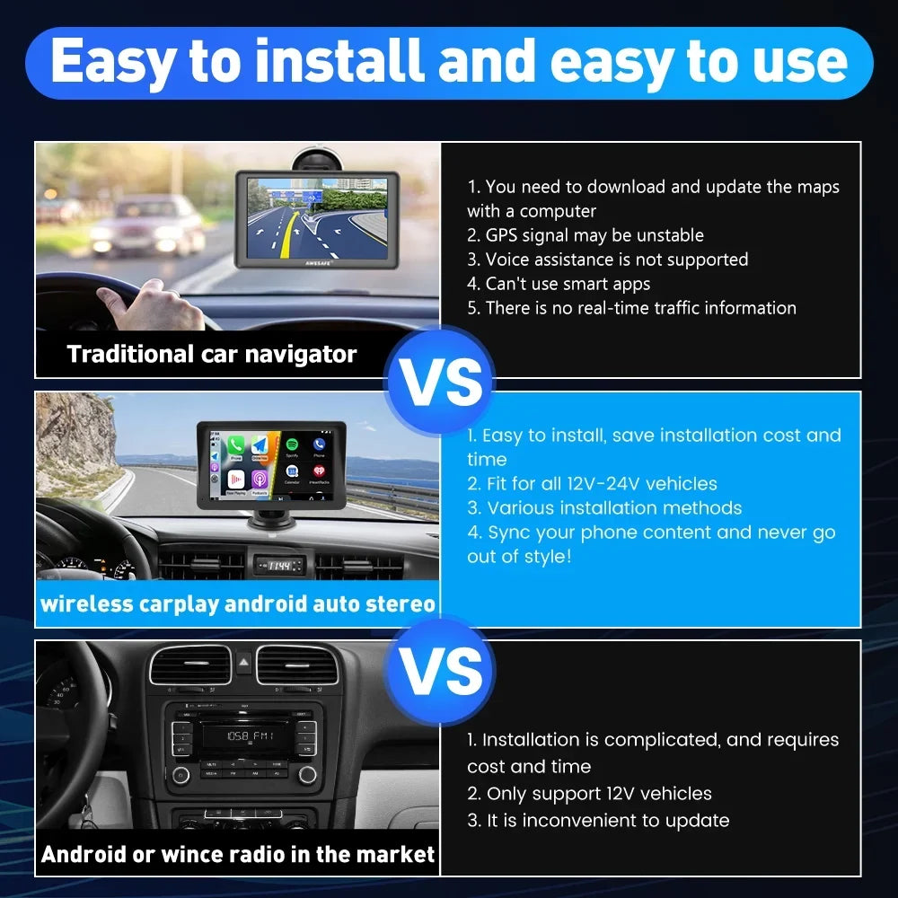 Video Navigation,FM Car Support Android Music, Touch inch 7 with Bluetooth Awesafe Screen Audio, Wireless Stereo Auto Carplay , GPS