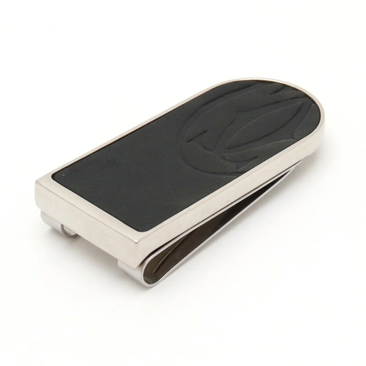 Money Clip Pre-Owned C Bill Metal Black Scissors Motif Cartier Silver (Good) T1220406 Leather