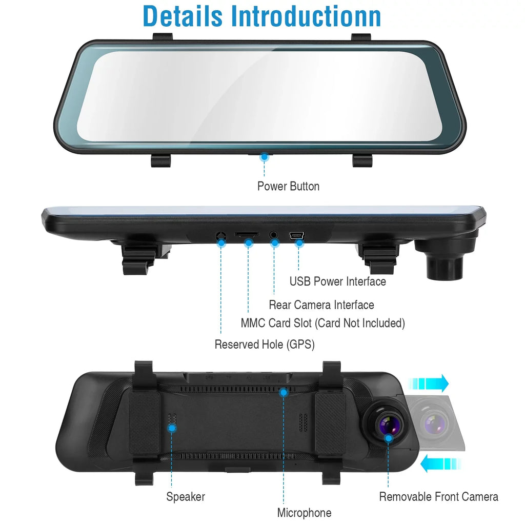 iNova FHD Vehicle with DVR Recording Driving Recorder Dash Sensor 1080P Parking 9.66In Car G Camera Monitoring Seamless