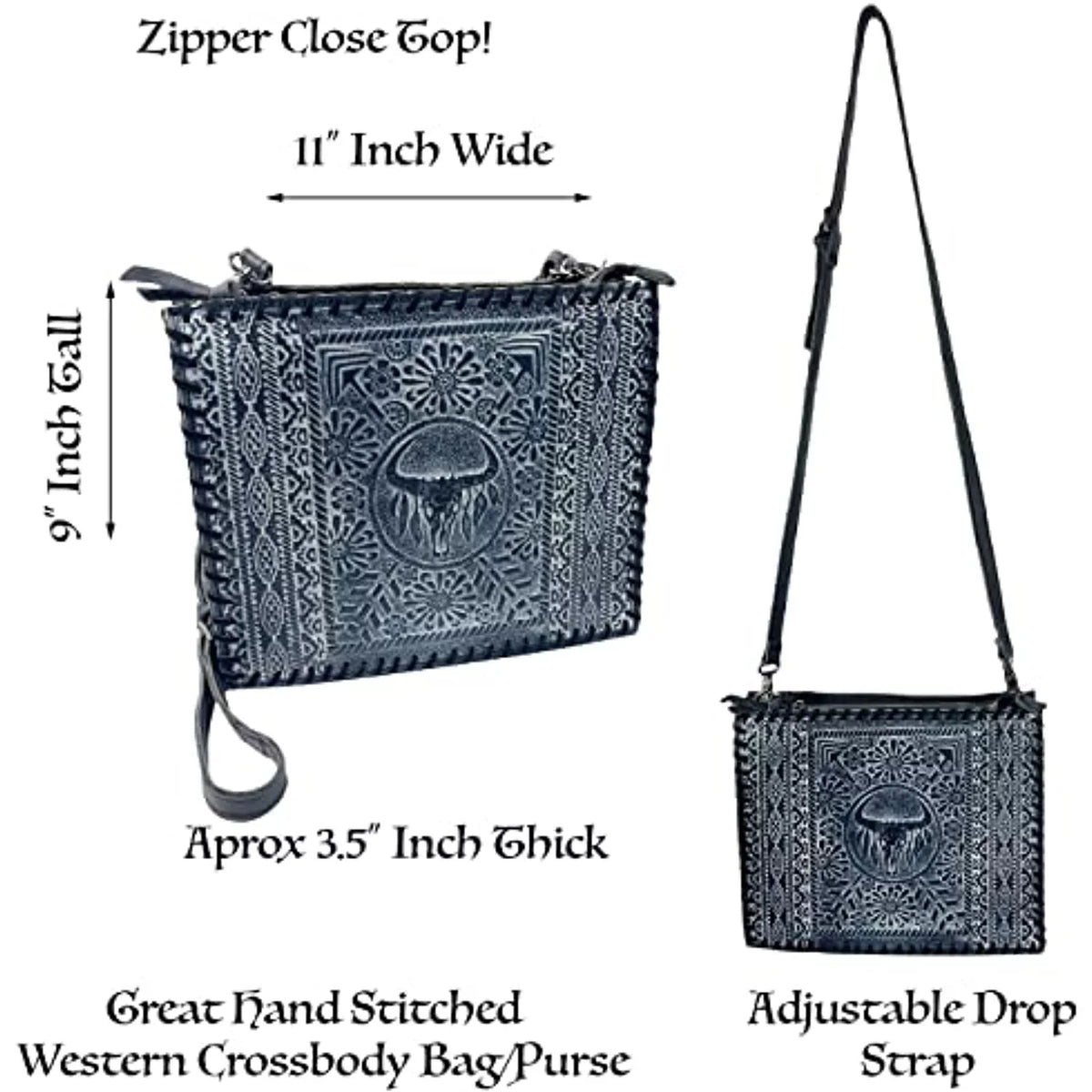 Purse Tooled Skull Crossbody Genuine Large Leather (Blue) Tote Bag Western Cow Urbalabs Longhorn Hand Stitched Handbag