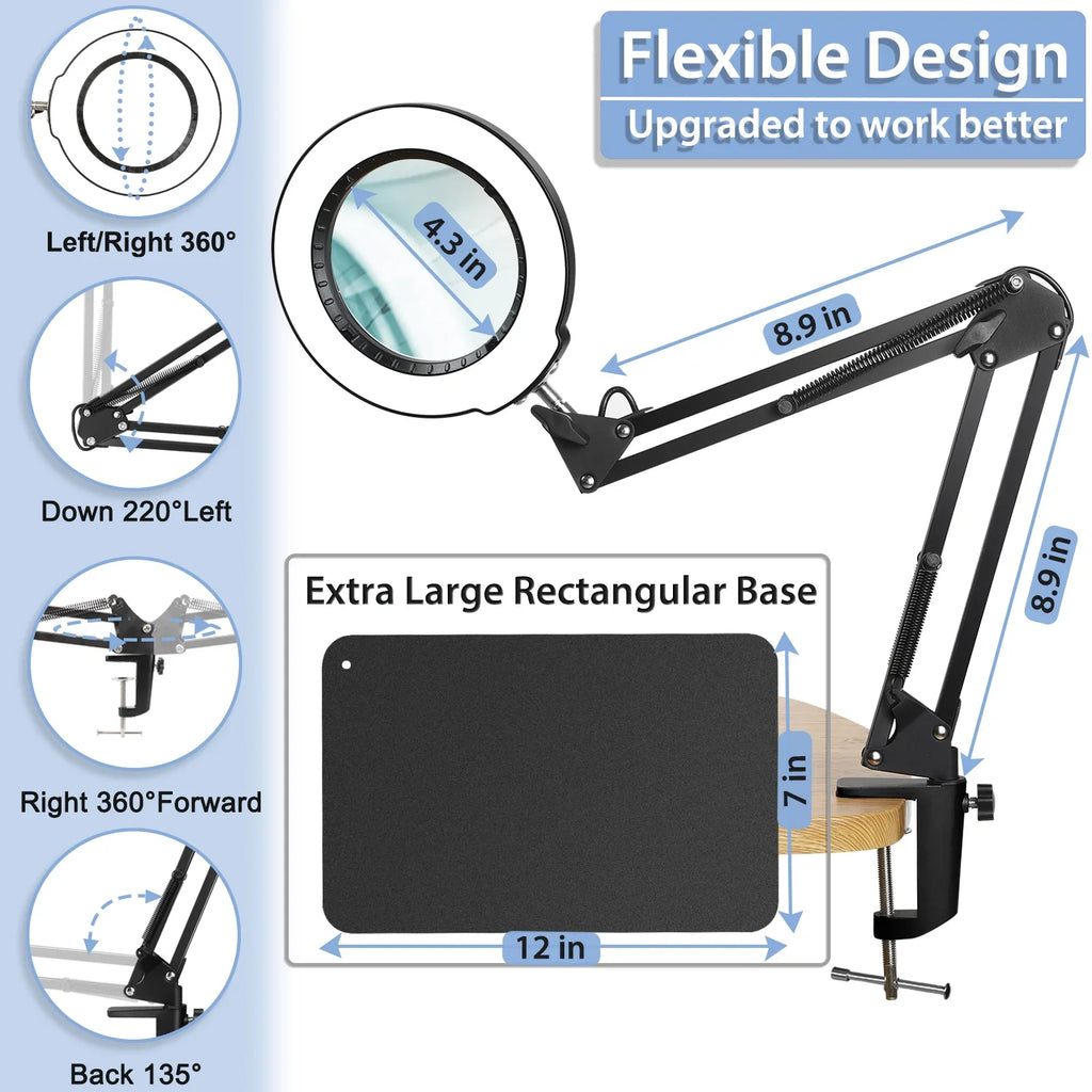 Magnifier 2-in-1 Light Lighted with Sewing Glass with Color Hands and Free LED Dimmable, 5 Magnifying Modes Clamp, Lamp Close 10X Desk Work, Painting, Magnifying Stand, Craft, for Stepless