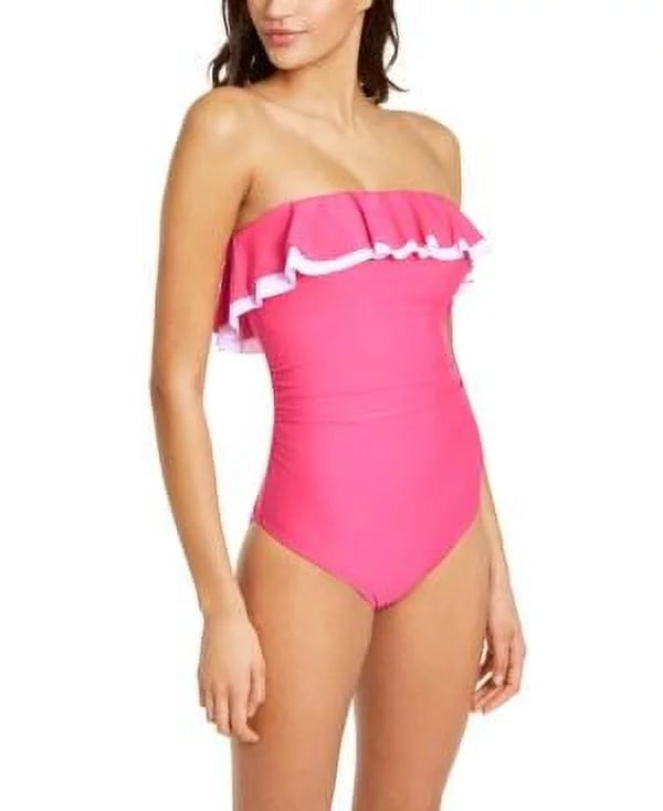 Strapless Tommy Ruffle Hilfiger US 12 Swimsuit, Solid PINK One-Piece