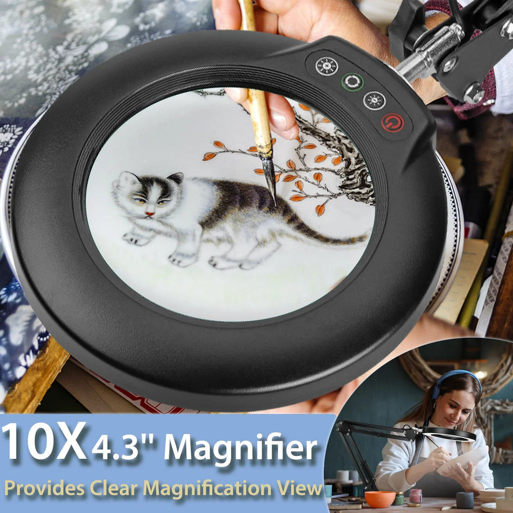 Magnifier 2-in-1 Light Lighted with Sewing Glass with Color Hands and Free LED Dimmable, 5 Magnifying Modes Clamp, Lamp Close 10X Desk Work, Painting, Magnifying Stand, Craft, for Stepless