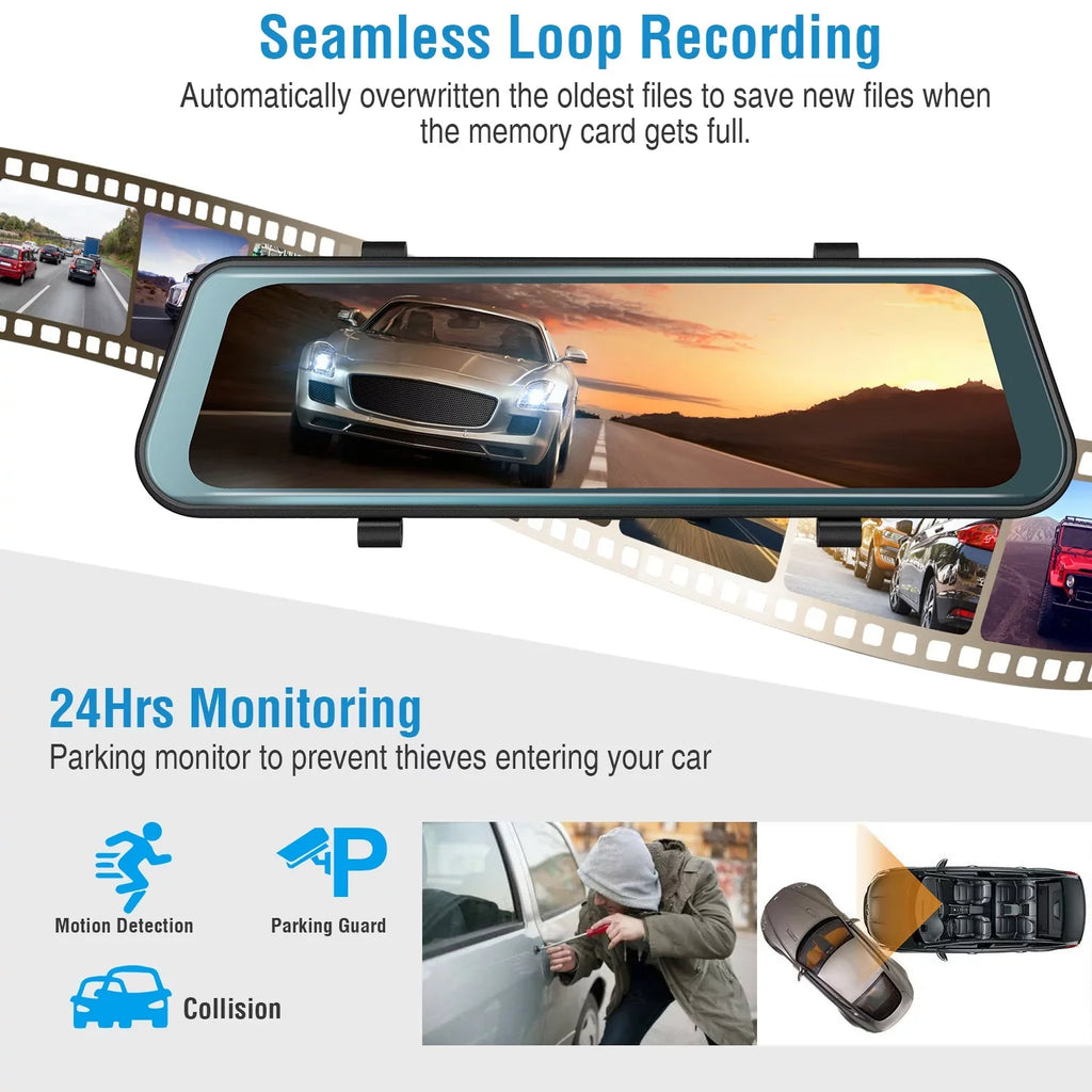 iNova FHD Vehicle with DVR Recording Driving Recorder Dash Sensor 1080P Parking 9.66In Car G Camera Monitoring Seamless
