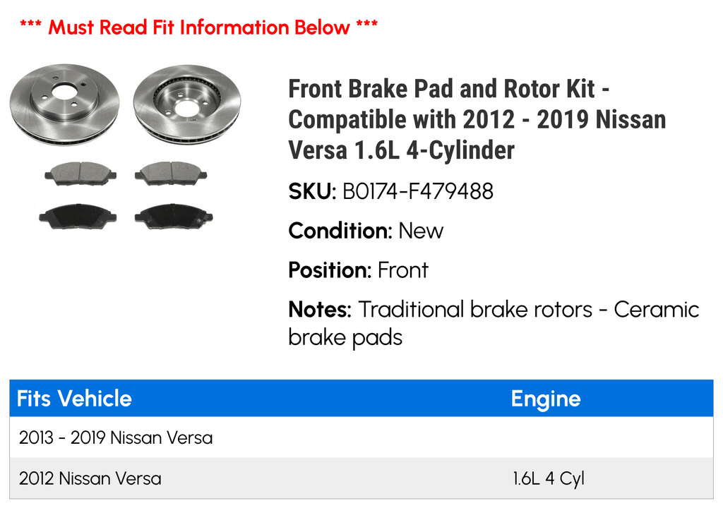 with Nissan and 2016 - 2019 1.6L Compatible Front - 2018 Rotor 2014 2017 2013 2012 4-Cylinder Pad 2015 Brake Versa Kit