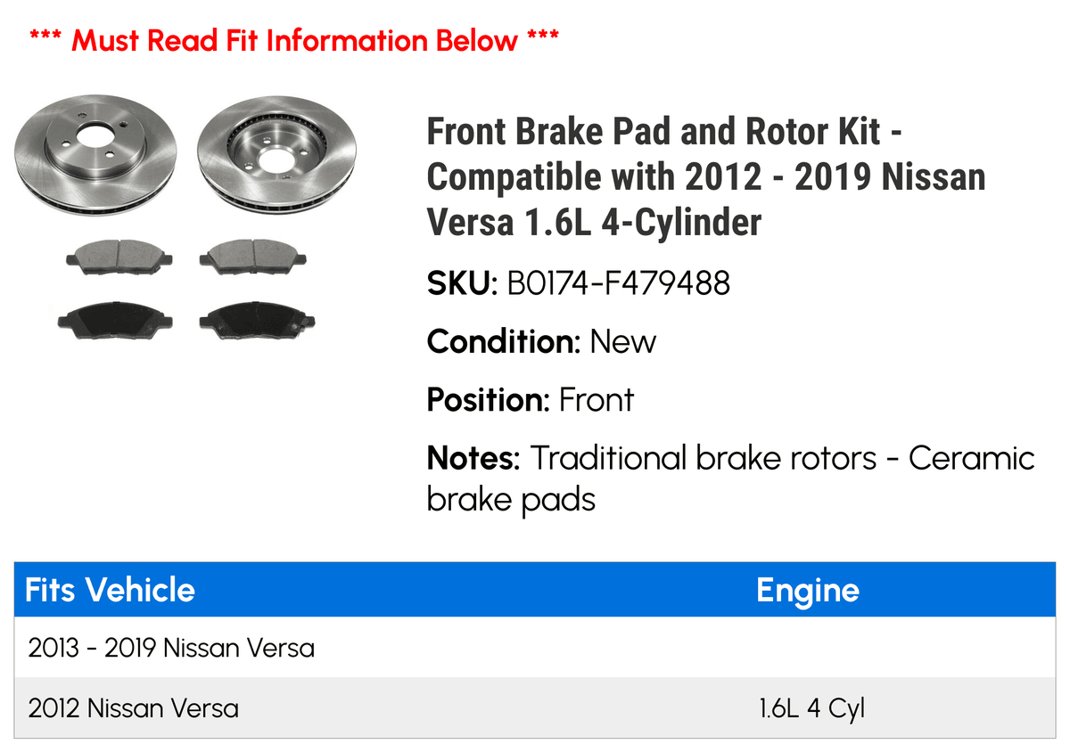 with Nissan and 2016 - 2019 1.6L Compatible Front - 2018 Rotor 2014 2017 2013 2012 4-Cylinder Pad 2015 Brake Versa Kit