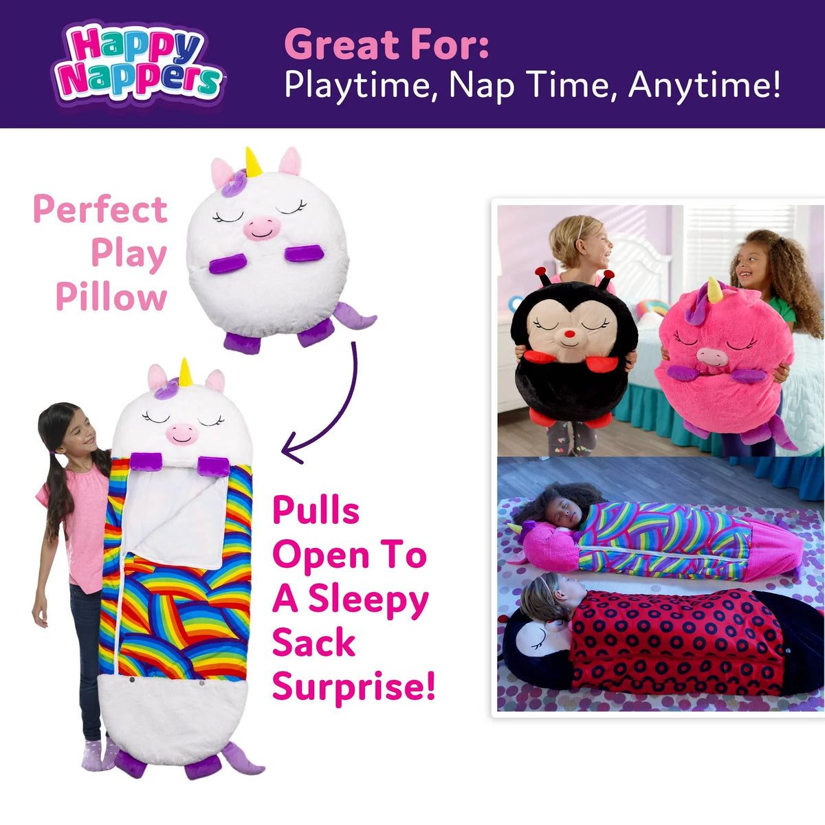 Nappers Plush Unicorn Toy Happy Sleeping Pillow and One, in Sack