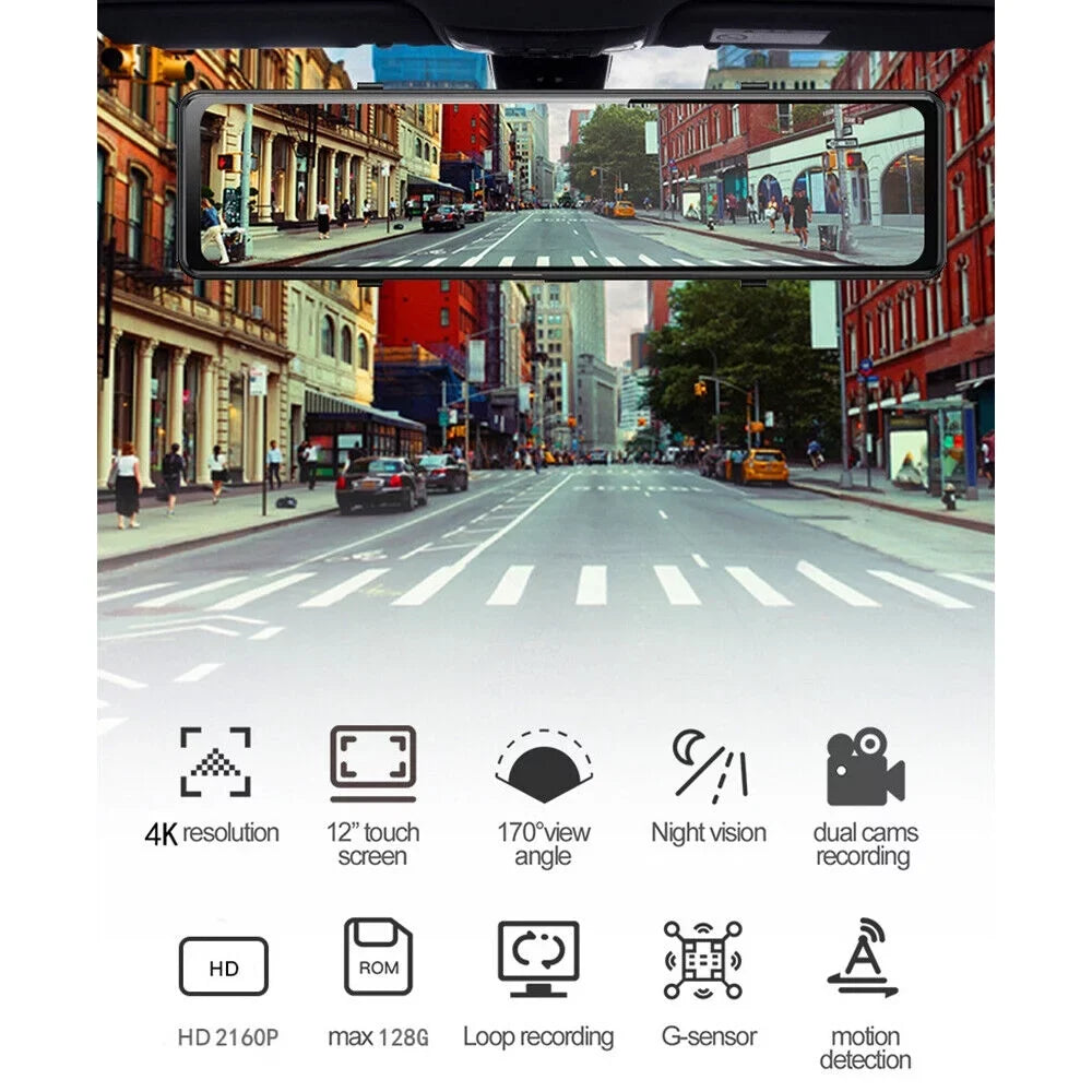 WiFi G·PEH Cam US 12" Mirror Dual Dash RearView Backup Car GPS Voice 4K Control
