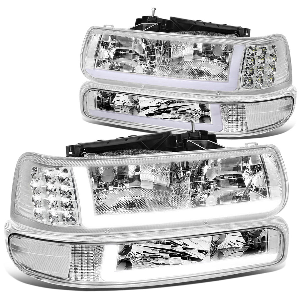 DRL 1999 to HL-LB-CSIL99-CH-CL1 2000 Motoring 2500 Truck LED Suburban Bumper to 03 04 Lamps Chrome/Clear DNA 1500 2002 05 01 Signal Fits Chevy Tahoe Silverado Headlight 2006