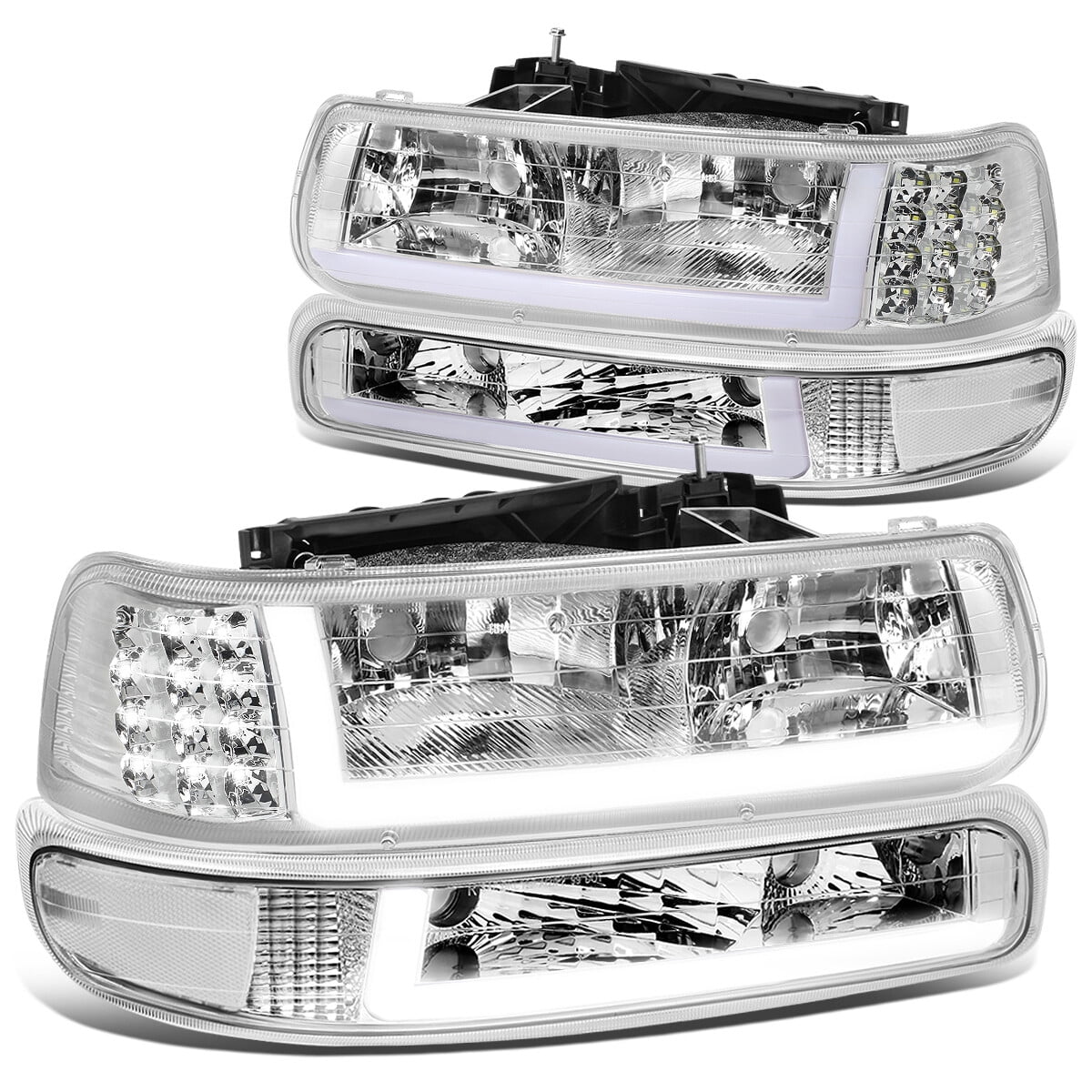 DRL 1999 to HL-LB-CSIL99-CH-CL1 2000 Motoring 2500 Truck LED Suburban Bumper to 03 04 Lamps Chrome/Clear DNA 1500 2002 05 01 Signal Fits Chevy Tahoe Silverado Headlight 2006