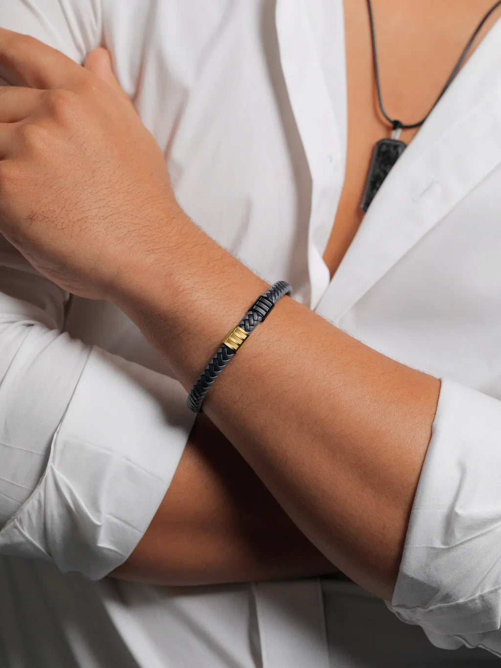 Gold Men's Genuine 7.7MM Bracelet Gem (8.25 Premium Stone Stainless Black Leather King Steel Width) inch,