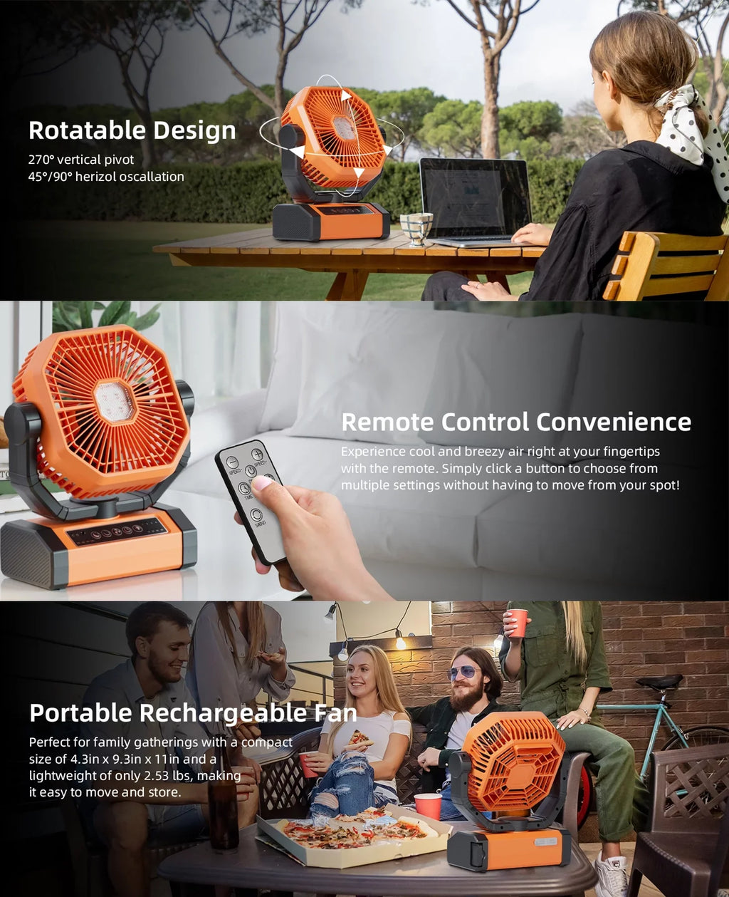 exterior LED Brushless Garage Timer, Portable Motor, MORIKO Patio Battery Fan Rechargeable Lantern, 20000mAh Remote, 270° Powered Ventilator Pivot 4 90° Jobsite Oscillating Fan Cordless w/ Speed Hook,