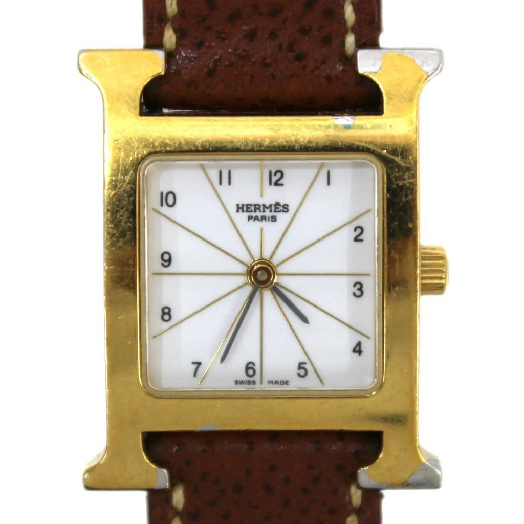 □G (Good) White Quartz Watch Pre-Owned Hermes Ladies H HH1.201 Dial: Brown HERMES x Gold