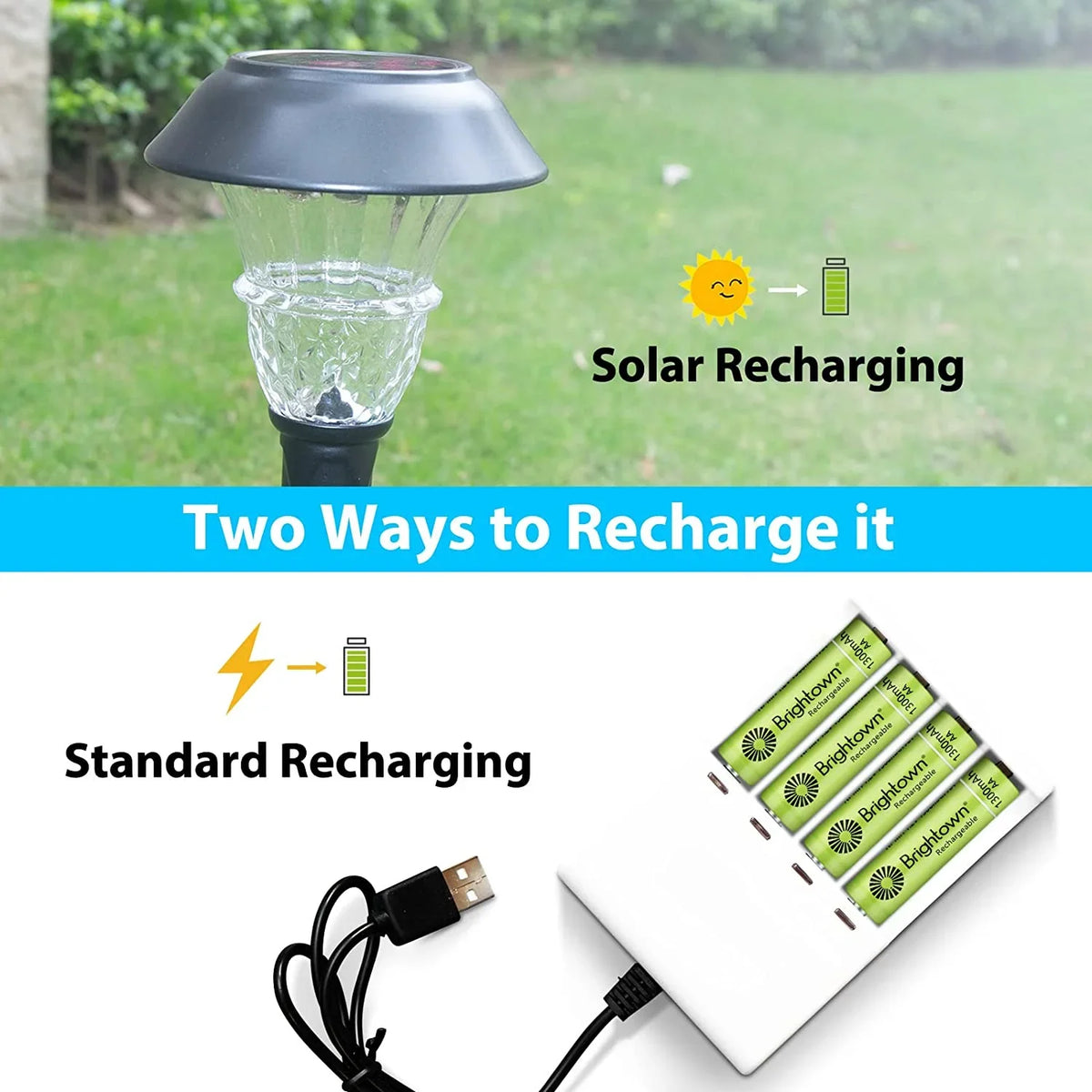 12 Battery 1200 Pack Cycles Recharge A AA, NiMH Battery Solar Household to Charged Pre Lights Double Brightown for Rechargeable and Devices, up