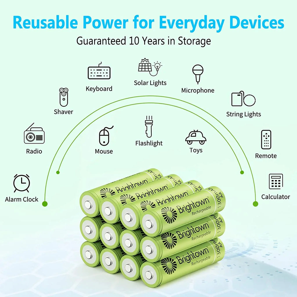 12 Battery 1200 Pack Cycles Recharge A AA, NiMH Battery Solar Household to Charged Pre Lights Double Brightown for Rechargeable and Devices, up