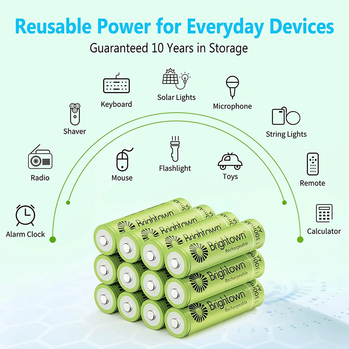 12 Battery 1200 Pack Cycles Recharge A AA, NiMH Battery Solar Household to Charged Pre Lights Double Brightown for Rechargeable and Devices, up