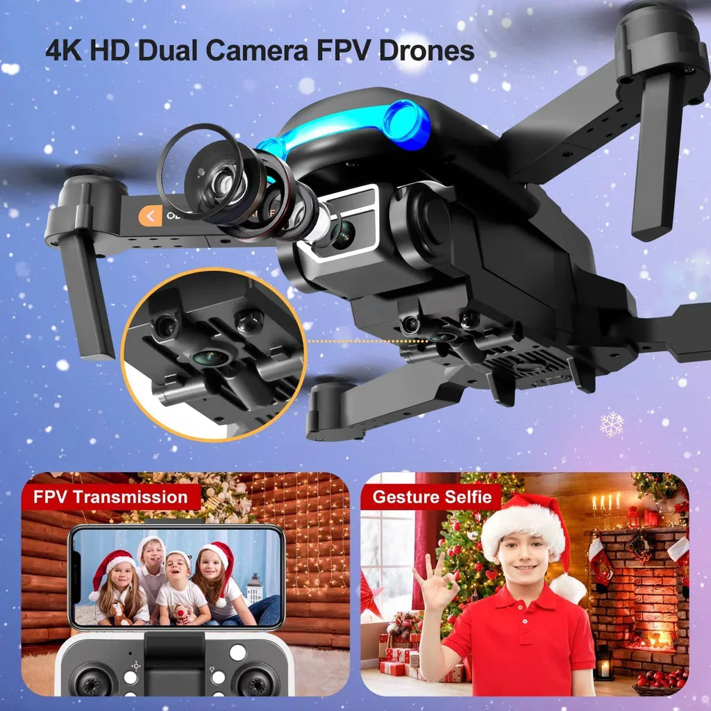 with Dual Gifts Camera,Foldable One Drone, Camera Kids for Drones with Kids Drone 3 for and Key RC Take Batteries Off/Landing FPV with Adults Beginners,Mini HD RC Adults 4K (Black) Toys Quadcopter