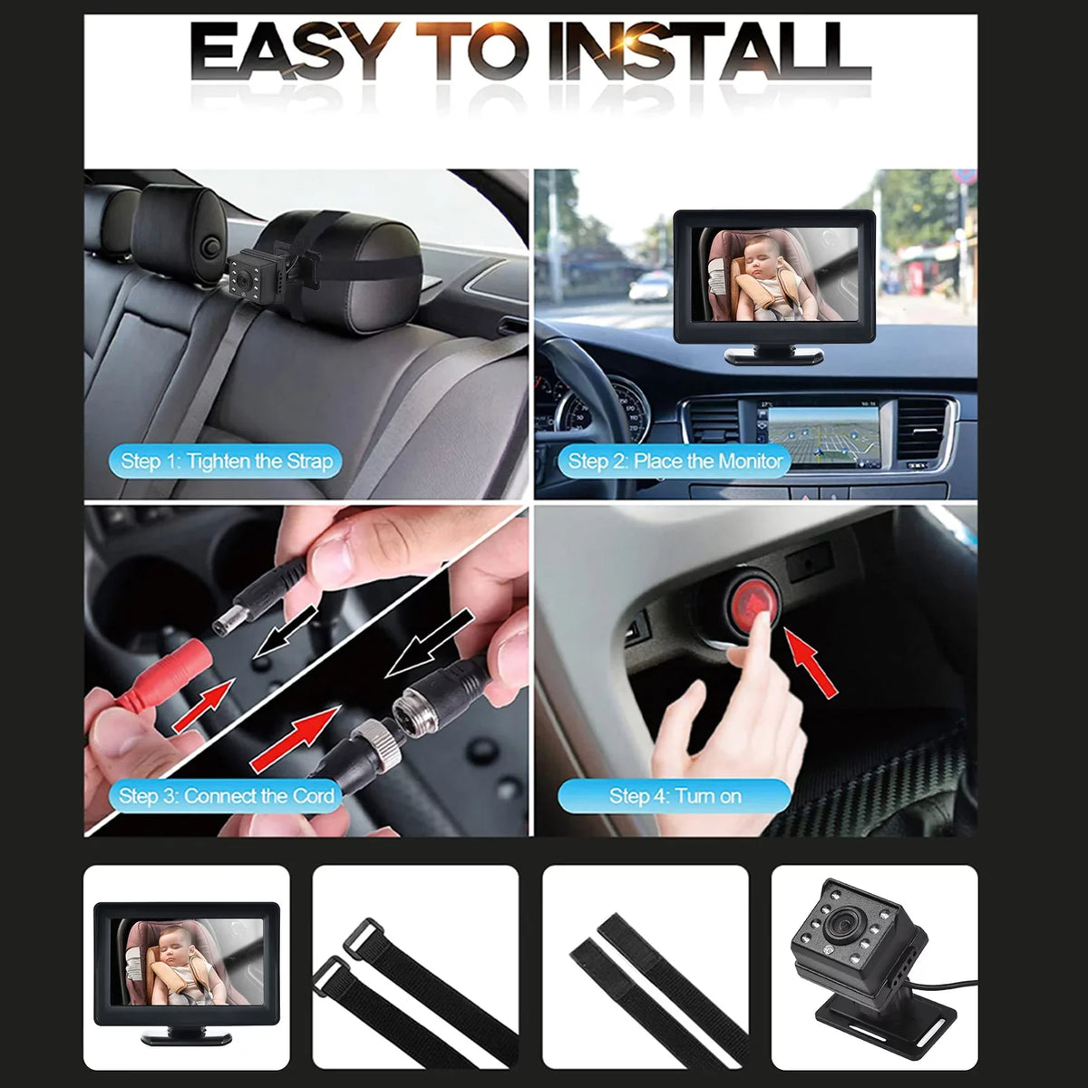 Easy Seat Baby Seat View Wide Car Monitor Vision Car Camera Baby for Night Display Camera Monitor 720P 4.3 Facing Inch Rear Mirror Car Mirror moobody Installation 150° Baby