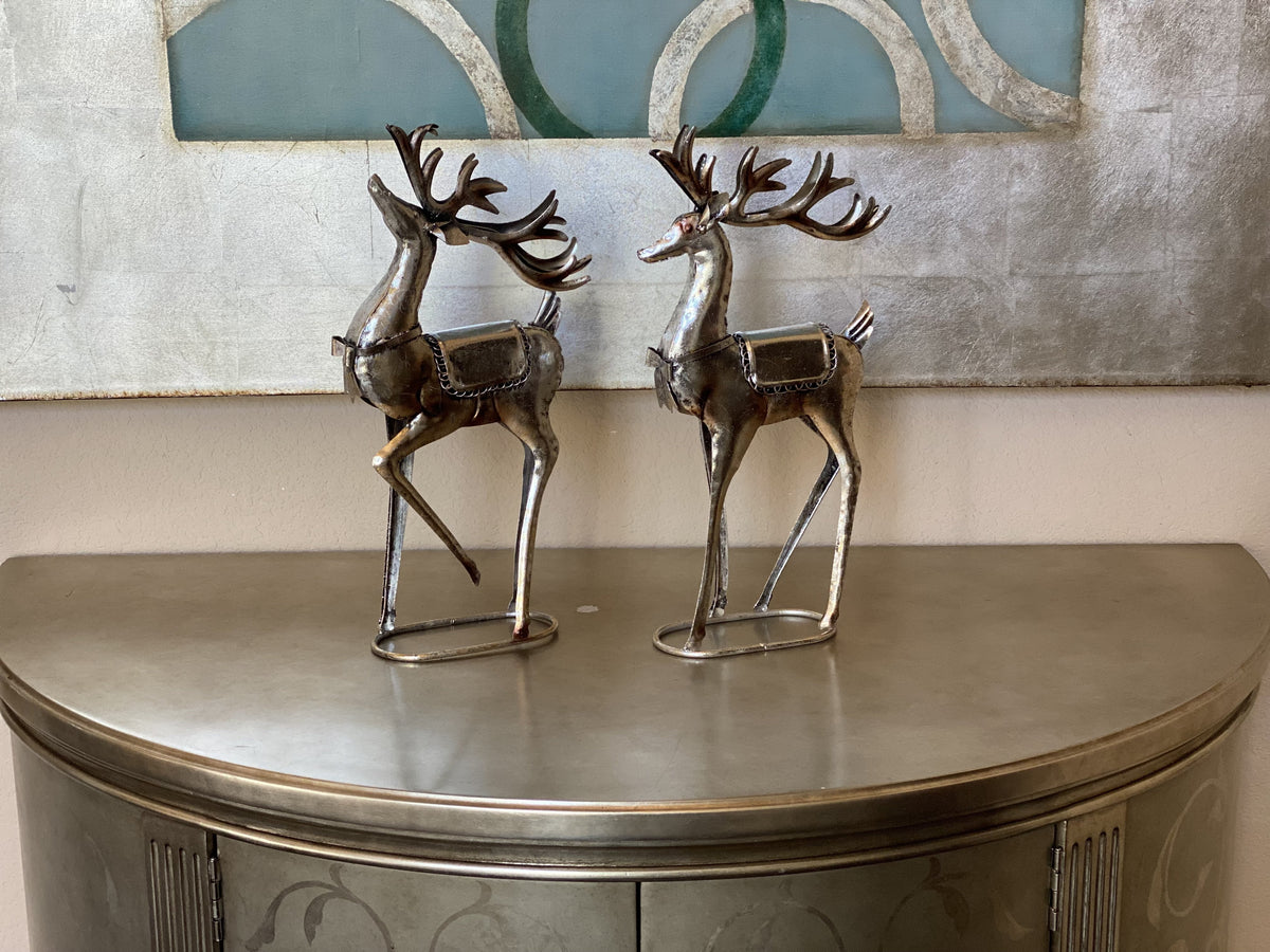 Office Fireplace Reindeer Home Room Color 16" Figurines Glitter Standing Decor Christmas Metal Statue Holiday Tabletop Champagne x 8" S/2