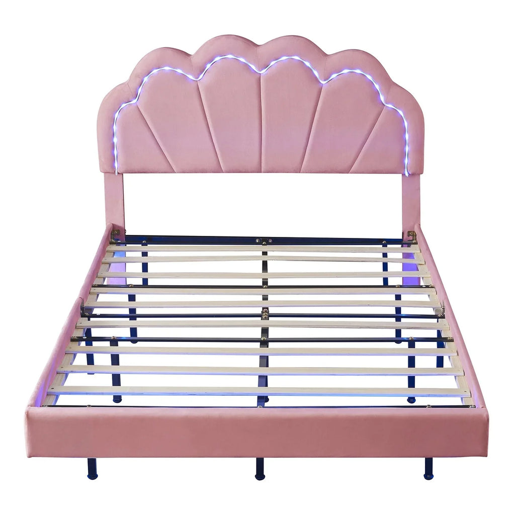 Smart Full Platform Bed Wooden with LED Slats dimension Support Beige