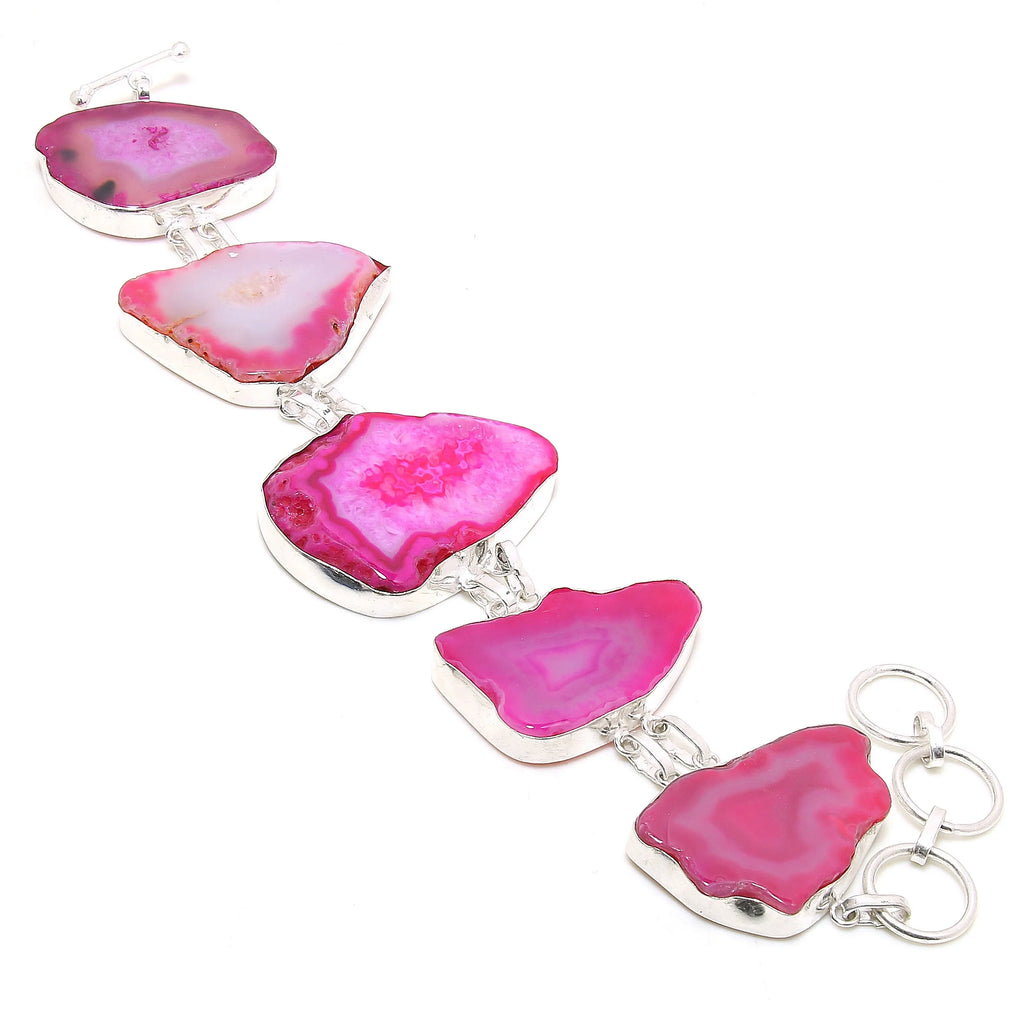 SR Jewelry Handmade Gemstone 212 Botswana 7-8" Agate Ethnic Bracelet Gifted Pink