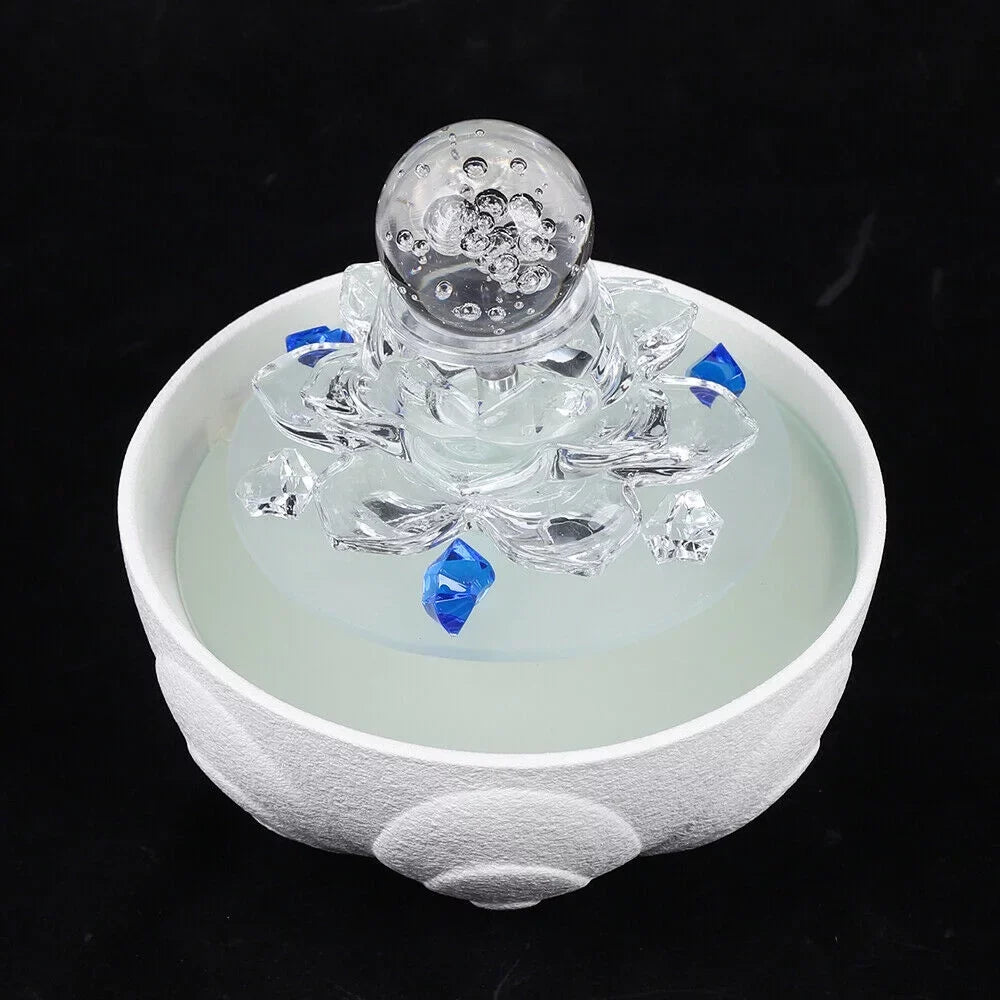 Lotus Fountain Waterfall White Fountain, Crystal Teahouse Fountain Office Tabletop Decor liquid Ornament Desktop liquid Desktop Flowing