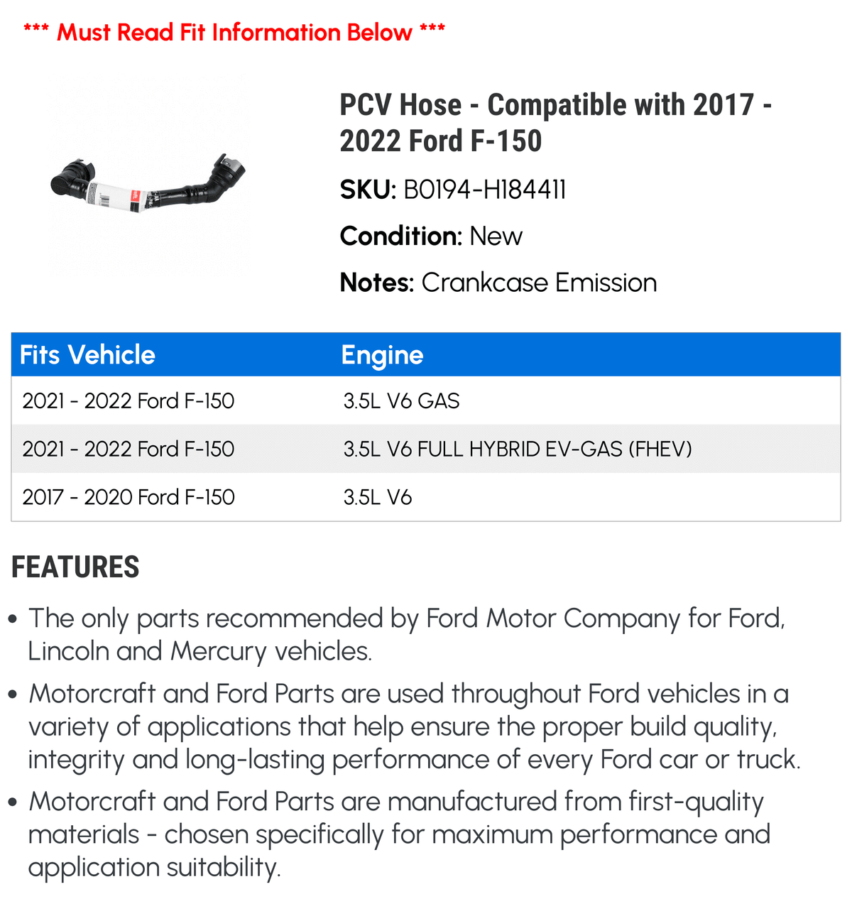 2017 - 2018 Hose 2019 F-150 2020 PCV Compatible 2021 - 2022 with