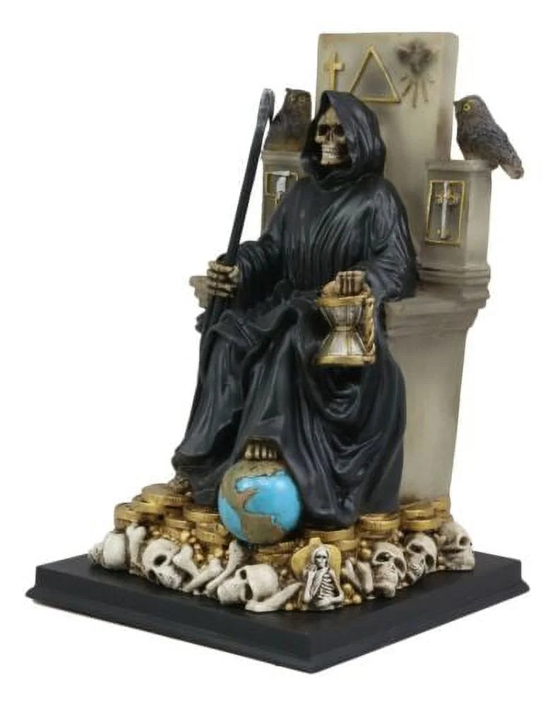 On Black Our Death Santa Lady Statue Of Muerte Seated Throne Scythe Holding