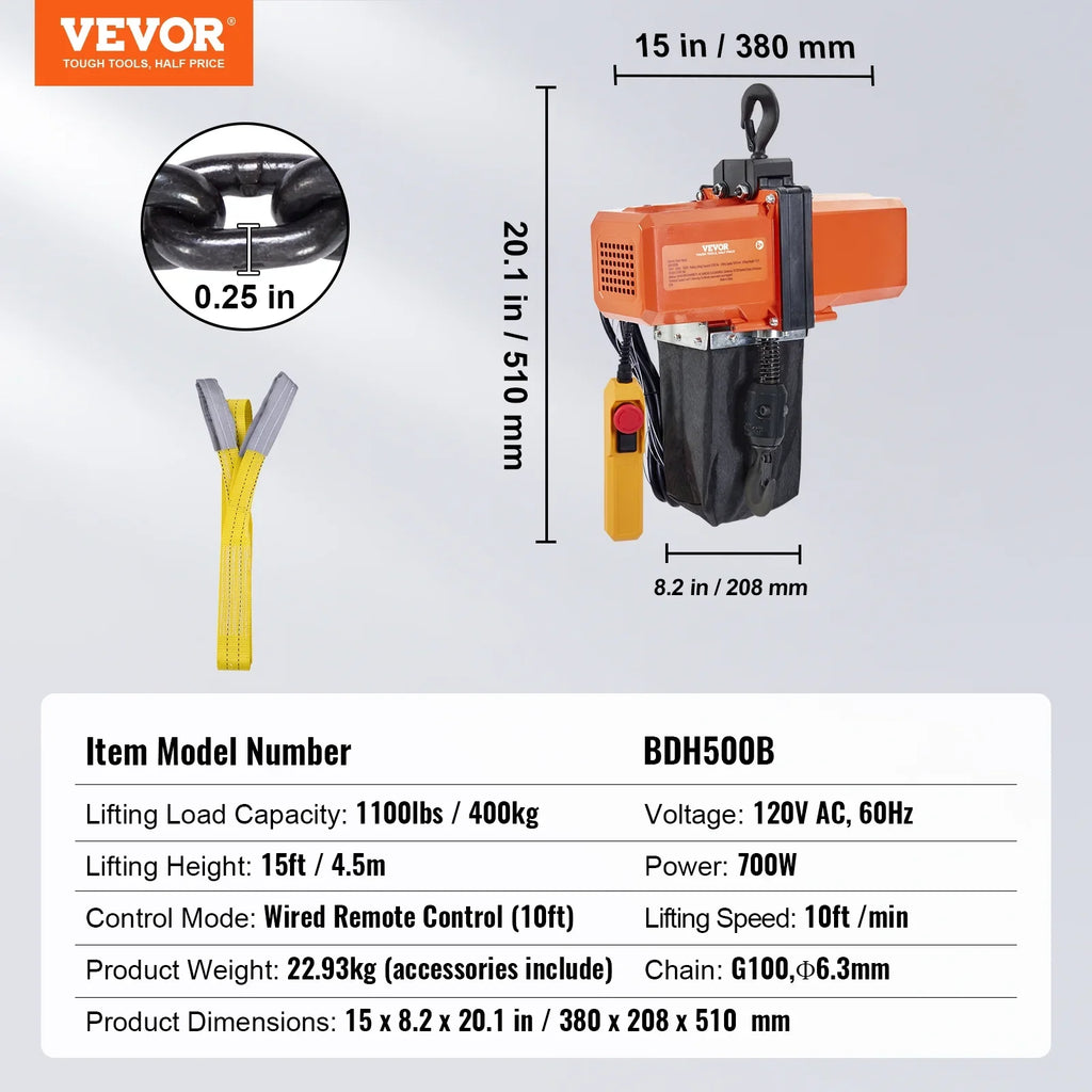 15 Hoist 1100 BENTISM Electric Hoist Lifting lbs Load Phase Single Crane Chain ft