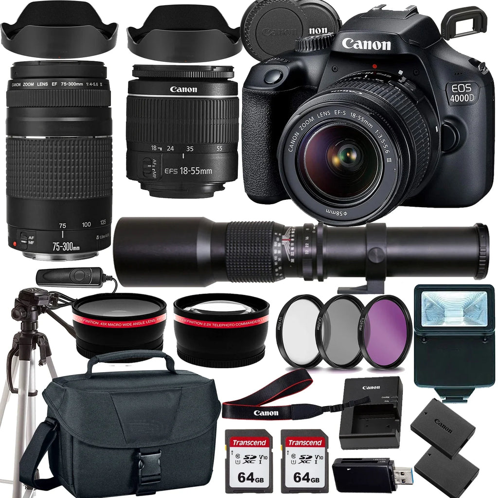 4000D/Rebel EF Lens+Canon 18-55mm DSLR Cards Canon Lens+case+128Memory III T100 f/8.0 75-300mm Telephoto EOS F/3.5-5.6 EF-S Camera (24PC) Zoom w/Canon Lens+500mm