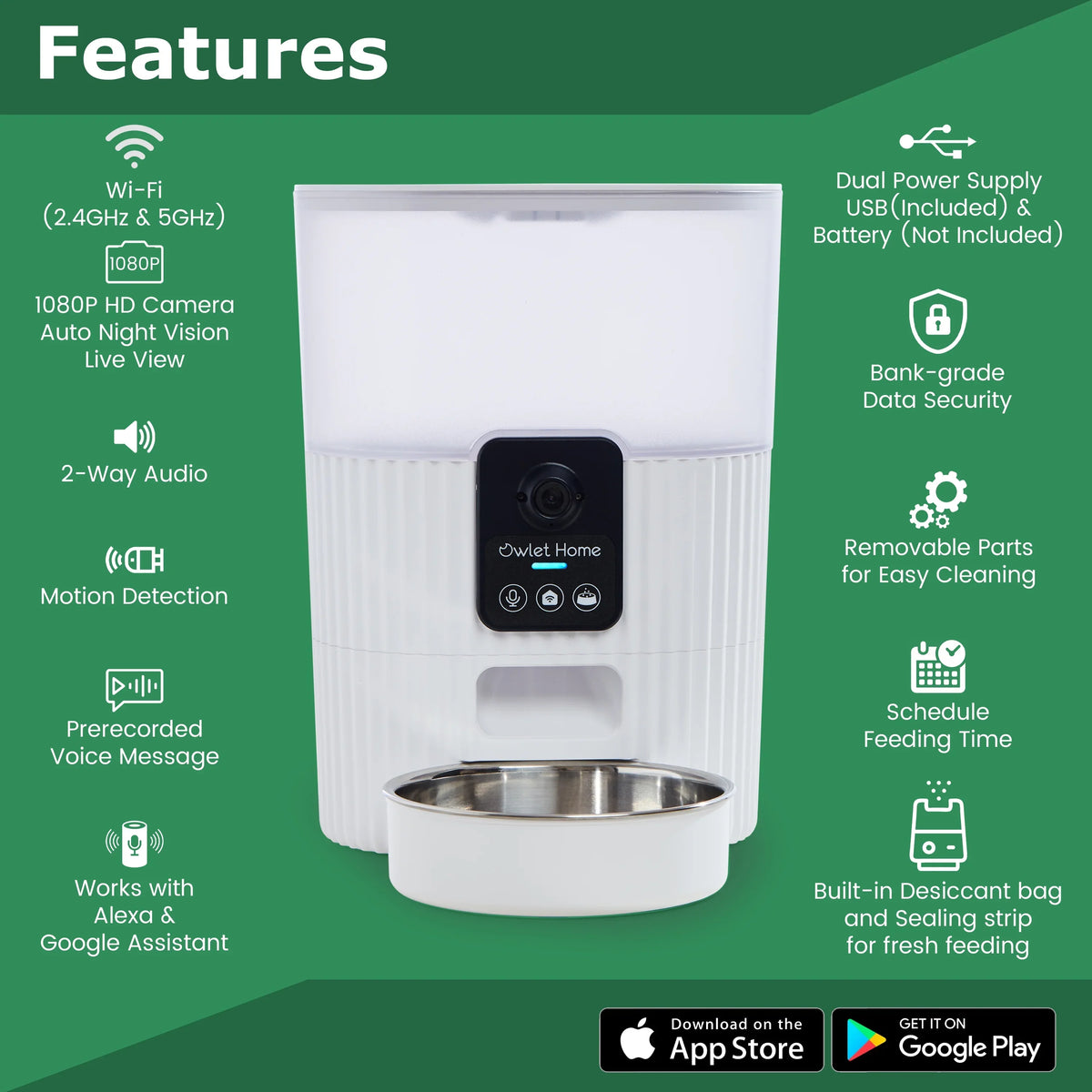Vision, Auto Feeder & No with Pet Night with Owlet Alert, Cats Smart (3.5L), Automatic Home Fee 2-Way Monthly Camera Alexa Assistant, Video, Motion HD Dogs 1080P WiFi, Audio, Live for & Works