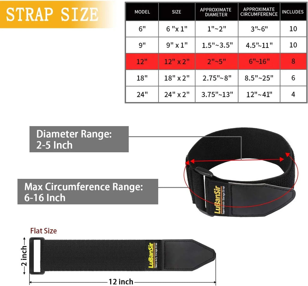 Cable, Storage 2" Elastic x Extension Cinch Loop 12" Wrap, (8 Cord, Rope and Cord Hook Pack) Straps, for Strap